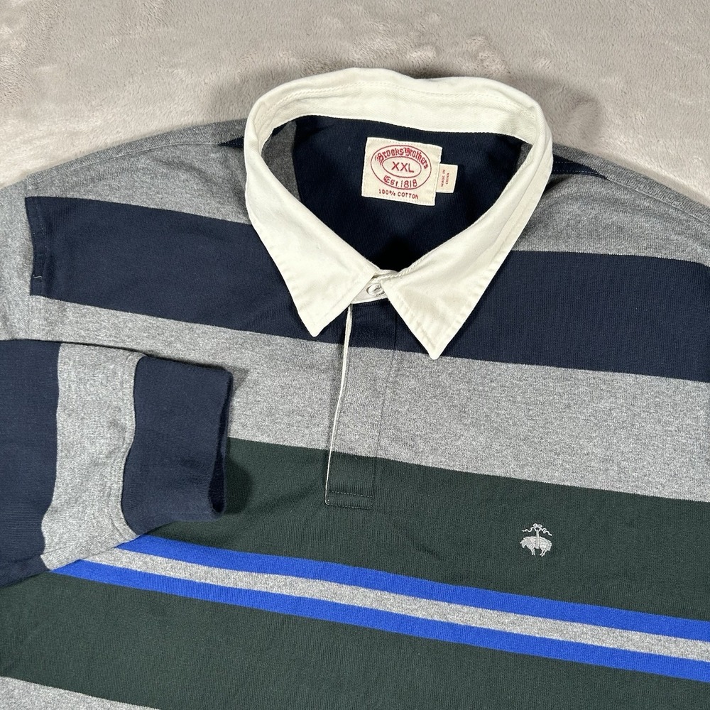 Brooks Brothers Rugby Polo Shirt Mens 2XL Gray Blue Striped Vintage Y2K 90's EUC